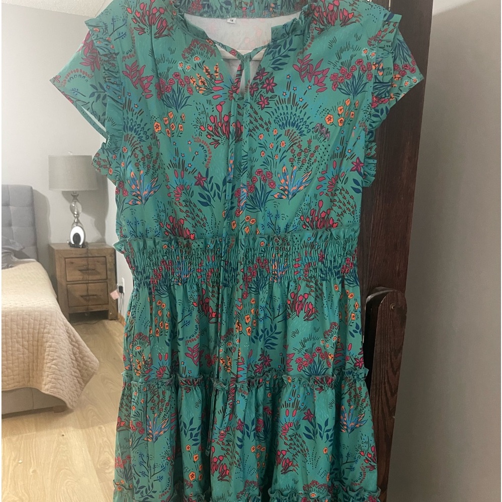 Green Split neck Toledo tiered dress (Medium)